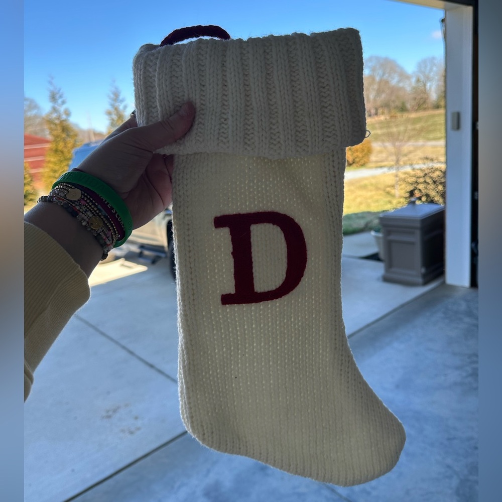 Cream Knit Christmas Stocking with Red Initial